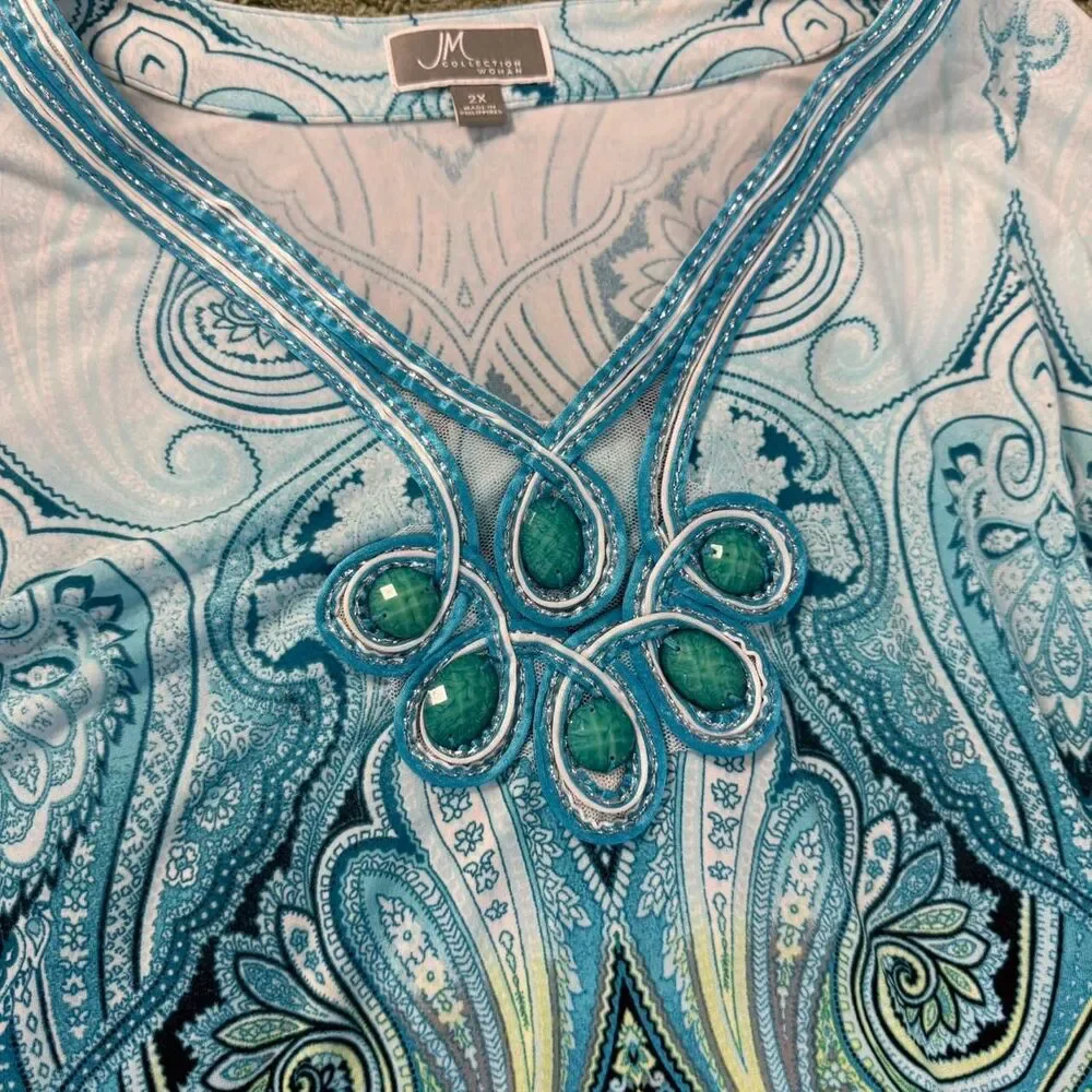 JM Collection Woman 2X Blue Paisley Tunic Top Embellished V-Neck 3/4 Sleeve